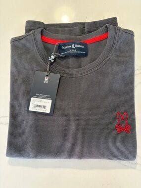 Psycho Bunny Gray Waffle Crewneck Sweater with Red Logo Trim